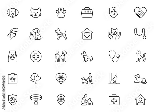 Pet service animal icon set: vector glyph pictograms featuring dog, cat, paw print, carrier, veterinary care, adoption, training, black silhouette illustration, animal care, pets, rescue