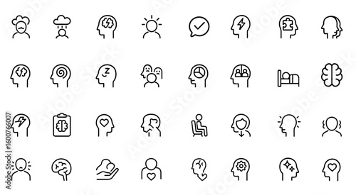 Mental Disorders icon set: thin linear vector pictograms illustrating health conditions including anxiety, depression, ADHD, OCD, PTSD, autism spectrum, insomnia, phobias, borderline personality,