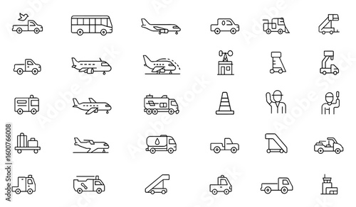 Ground support transport icon set for airport: vector pictograms of runway inspection, passenger bus, water loader, sweeper, generator, thin linear illustration, aviation equipment, service