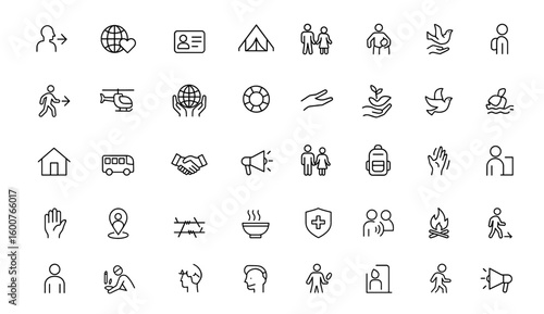 Humanitarian Aid Refugee Crisis icon set: vector thin line pictograms of migration, relief efforts, global support, displaced person ID card, tent shelter, family immigration, refugee assistance