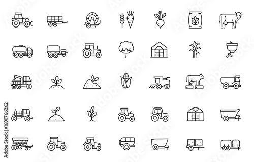 Agricultural forestry vehicle transport icon set: vector pictograms of skidder, trailer, irrigation hose, seed drill, grain, silage, fertilizer, livestock, thin linear illustration.