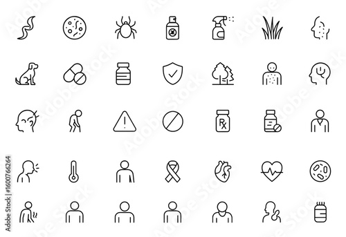 Lyme disease awareness icon set: thin linear vector pictograms of pathogen, spirochete, insect repellent, spray, grass, dog, antibiotic pill, doxycycline, prevention, illustration, health, medicine