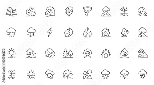 Extreme weather natural disaster icon set: vector pictograms of environmental catastrophes, earthquake, wildfire, tsunami, hurricane, tornado, volcanic eruption, thin linear illustration.
