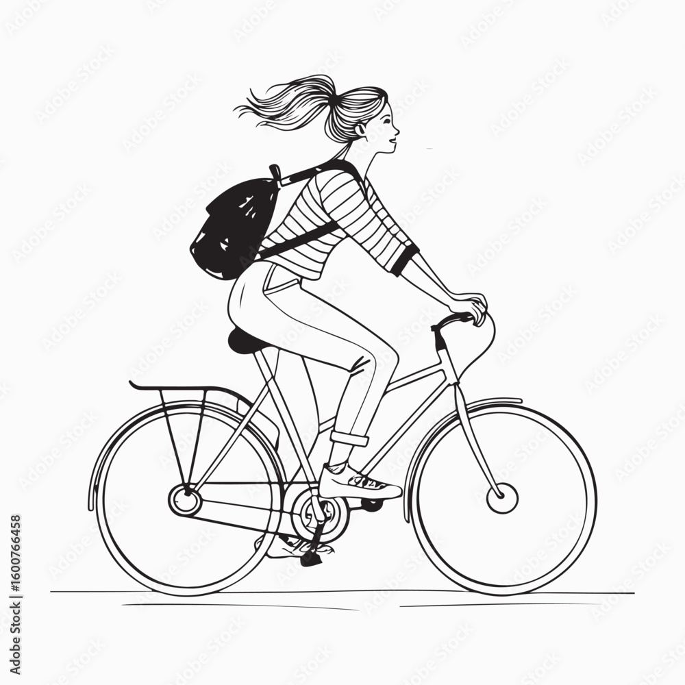 Obraz premium One Line Art of Woman Riding Bicycle – Minimalist Continuous Line Drawing Vector