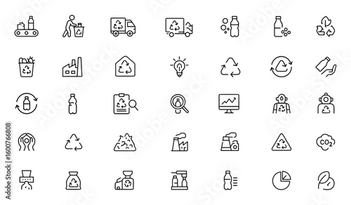 Recycled plastic icon set in thin linear style. Vector pictograms of conveyor, waste sorting process, truck, bin, logistics, chemical, thermal energy, sustainability, reuse, illustration, eco.