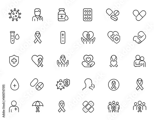 Vector HIV AIDS medical icon set with thin linear pictograms of virus, doctor, medication, tablet, capsule, test, ribbon, positive, negative, healthcare, protection, support illustration, awareness.