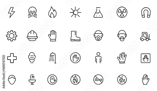 Safety industrial label glyph icon set with vector pictograms of high voltage, toxic, flammable, explosive, corrosive, radioactive, magnetic, laser hazard, black silhouette illustration.