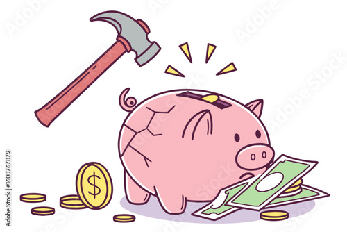 Cartoon cracked piggy bank with hammer and falling money for finance crisis