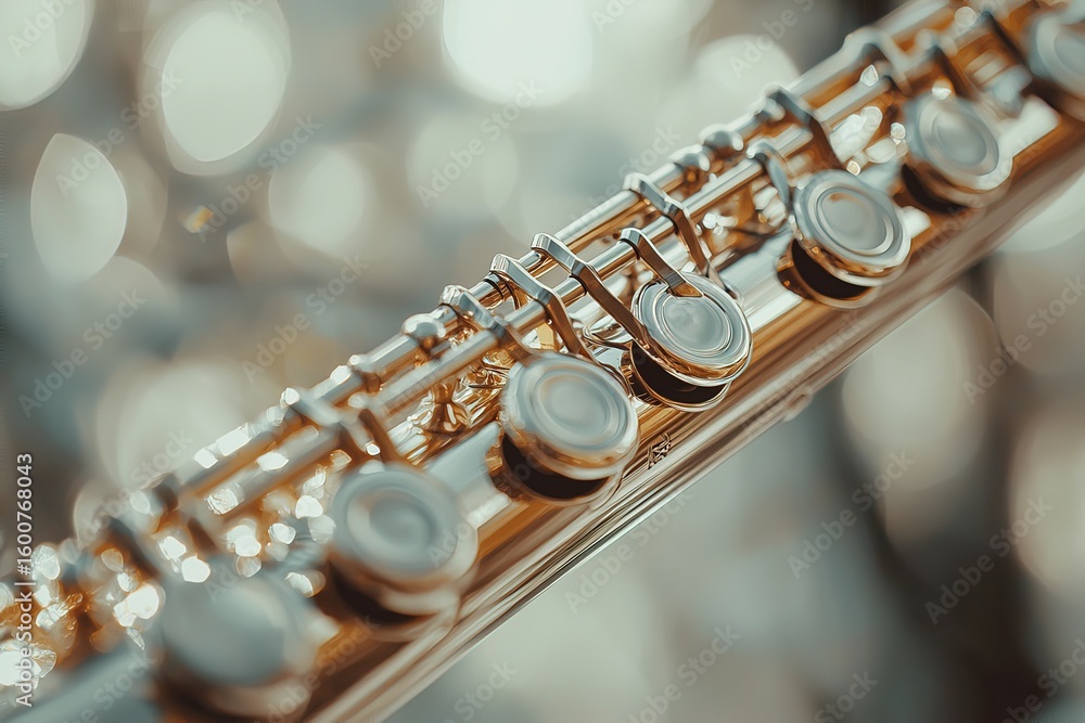 Fototapeta premium Minimalist composition featuring flute in close-up, metal surface reflecting soft light, conveying sophistication, grace and artistic expression