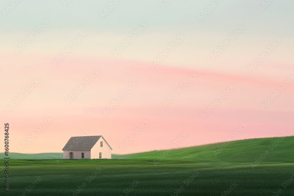 Small white house sits in a field of grass. The sky is pink and the sun is setting. The scene is peaceful and serene Small white house sits in a field of grass. The sky is pink and the sun is setting. The scene is peaceful and serene