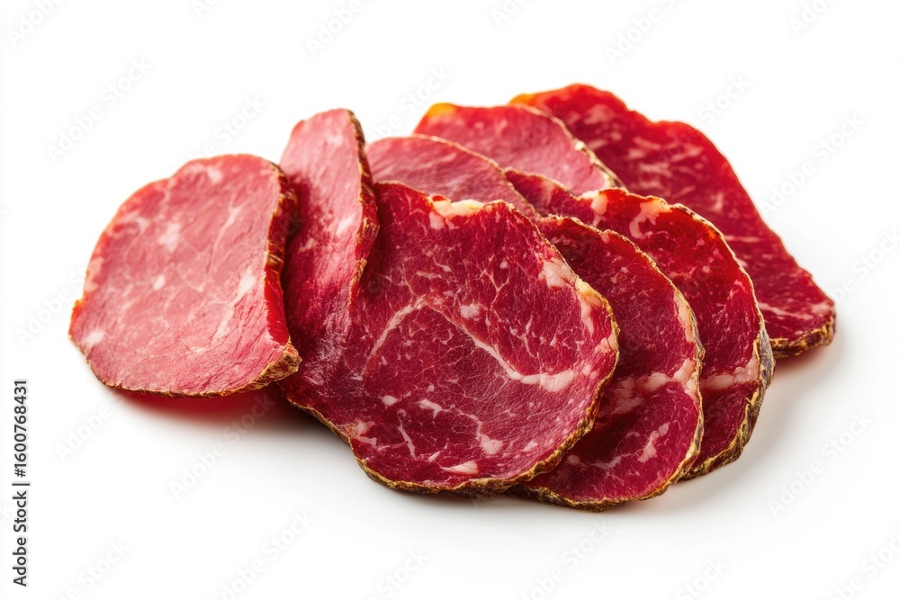 Sliced cured meat served on a white background Sliced cured meat served on a white background