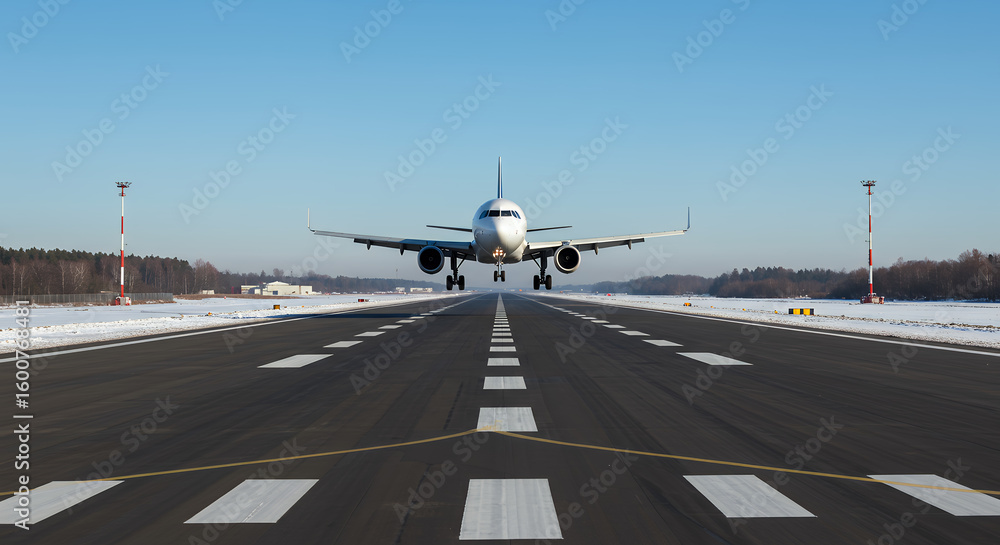 Fototapeta premium Airplane landing on runway in winter against a clear blue sky, emphasizing aviation, travel, transportation, and the airport environment.