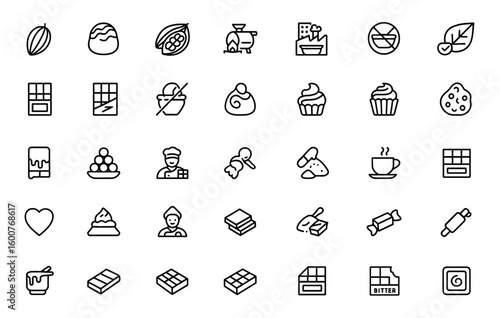 Chocolate dessert icon set with production process, cocoa beans, truffle, roasting, factory, ingredients, allergy-friendly symbols, chocolate types, sweets, confectionery, and more.