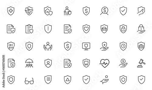Vector line icon set illustrating insurance and protection concepts. Features health, travel, home, disability, business liability, property damage, claim, risk assessment, shield symbols, and more.