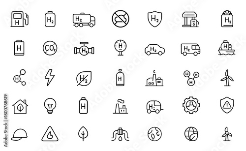Clean fuel technology and hydrogen energy line icon set featuring H2 refueling, storage, transportation, zero emissions, safety infrastructure, production types, vehicles, vector illustration
