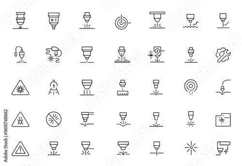 Precision laser technology icon set with machine components, industrial beam control, cutting, engraving, welding, marking pictograms for processing applications vector illustration