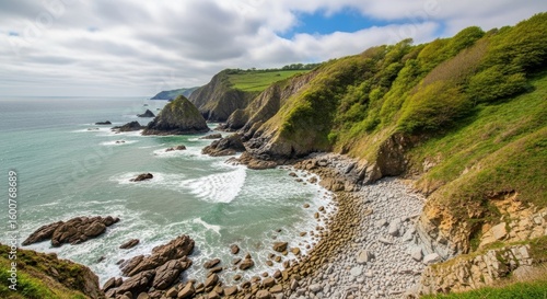 Picturesque Coastal Landscape With Green Cliffs Meeting the Sea