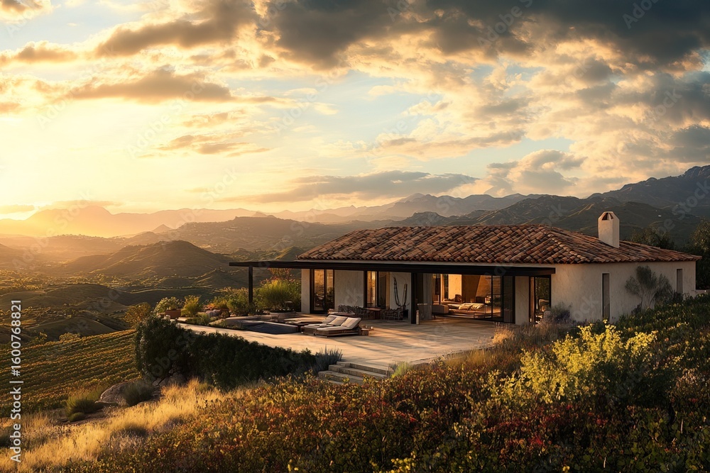 Luxury Mediterranean home on hill, overlooking green vineyards and gentle hills, illuminated by rich, warm evening sunlight, perfect for travel, real estate or lifestyle concepts Luxury Mediterranean home on hill, overlooking green vineyards and gentle hills, illuminated by rich, warm evening sunlight, perfect for travel, real estate or lifestyle concepts