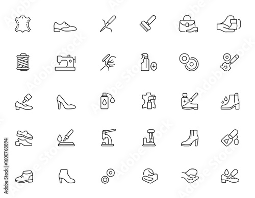 Leathercraft and shoe repair icon set with maintenance, customization, restoration tools, footwear care, bag repair, handcraft, buckle process, vector illustration, cobbler service and more.