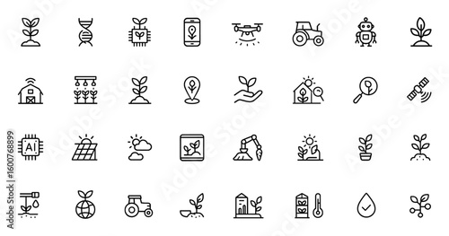 Vector line icon set of agriculture technology featuring thin linear pictograms of biotech, sensor, chip, irrigation, agri-tech drone, tractor, robot, and modern farm equipment, smart farming and more