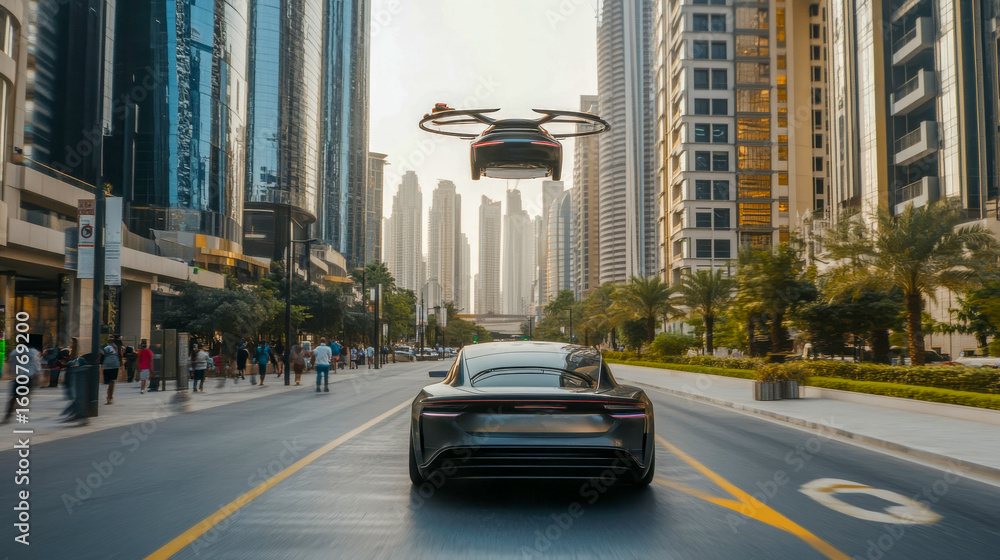 Naklejka premium An advanced electric car hovers smoothly over a magnetic road, surrounded by sleek, futuristic buildings reaching toward the sky. Daylight enhances the innovative design of urban mobility