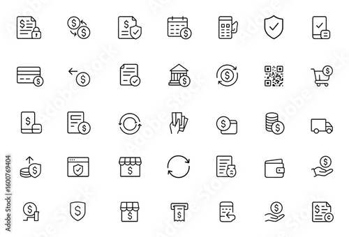 Secure financial transactions vector icon set: glyph pictograms of billing, currency exchange, invoice, scheduled deposit, terminal, split payment, confirmation, black silhouette illustration