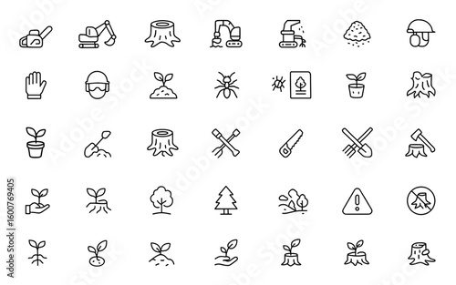 Vector thin linear icon set of stump service tools: chainsaw, excavator, grinder, mulch, ant decomposition, planter, gloves, helmet pictograms for forestry and landscaping, equipment, safety