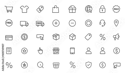 Online shopping icon set glyph: vector pictograms of product, discount, offer, sale, free shipping, delivery, add, remove, return, customer support, map pin, black silhouette, ecommerce and more.