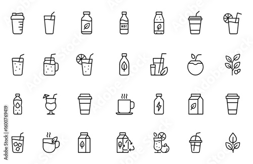 Protein shake and smoothies icon set, vector glyph pictograms of detox, kombucha, sparkling water bottle, almond milk, takeaway, beverages, black silhouette illustration, health drink and more.