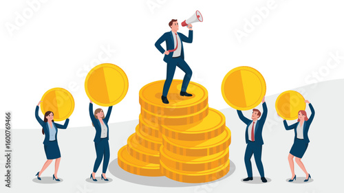 Leadership and Wealth Illustration — Person with Megaphone Standing on Gold Coin Stack Surrounded by Team Holding Coins Representing Business Success