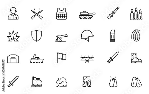 Military war icon set: vector thin line pictograms of soldier, battlefield, combat gear, weapon, defense equipment, tank, missiles, grenade, armed forces illustration, army symbols and more.