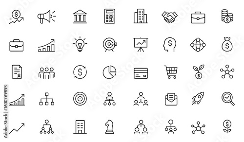 Finance and business icon set: vector glyph pictograms featuring investment, marketing, banking, accounting, corporate, calendar, handshake, money, briefcase, chart, black silhouette illustration,