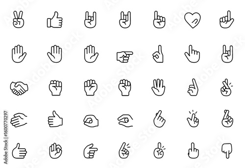 Hand gesture vector icon set: thin linear pictograms of peace sign, thumbs up, fist bump, rock on, high five, heart shape, finger actions for communication and expressions, illustration