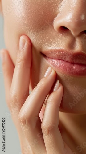 A close-up of a woman gently touching her face with her hand highlighting the smoothness and natural beauty of her skin, vertical video