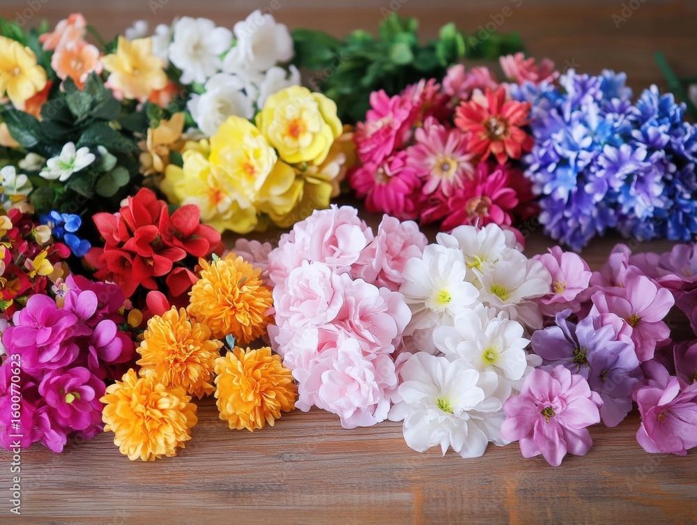 Obraz premium A vibrant collection of artificial flowers in various colors and sizes is displayed on a wooden table. The arrangement includes pink, yellow, red, and purple flowers, creating a cheerful atmosphere.