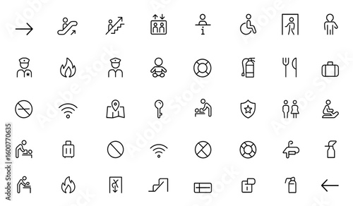 Wayfinding public space glyph icon set: vector pictograms of navigation, escalator, stairs, elevator, info desk, emergency, extinguisher, food court, black silhouette signs, symbols, guide, direction