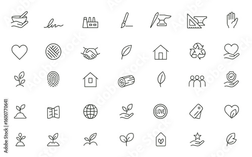 Vector icon set of ethical product line featuring thin linear pictograms of artisan craft, personalized signature, factory, paintbrush, needle, anvil illustration, design, handmade