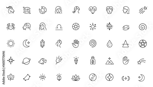 Astrology zodiac icon set with thin linear vector pictograms of Capricorn, Pisces, Sagittarius, Aries, Taurus, Gemini, Cancer, Leo, Virgo, Libra, Scorpio, Aquarius horoscope, illustration and more.