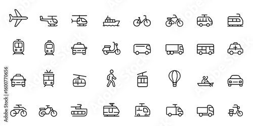 Vector glyph icon set of transport: airplane, ferry, helicopter, boat, cargo ship, motorcycle, bicycle, tram, subway, metro, black silhouette pictograms illustration and more.