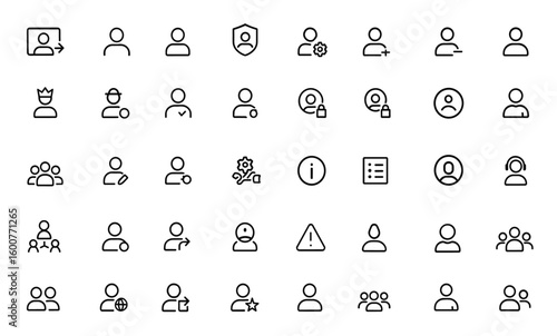 User profile icon set: vector glyph pictograms of login, avatar, account, identity, admin, guest, access, secure, details, contact, manage, info, list, black silhouette sign, illustration and more.