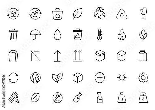 Vector glyph icon set of recycling and packaging symbols: compostable, biodegradable, reusable, leaf, fragile, trash bin, umbrella, raindrop, black silhouette pictograms, illustration, eco and more.