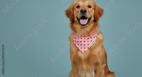 Happy golden retriever dog wearing pink polka dot bandana sits against a blue studio background.