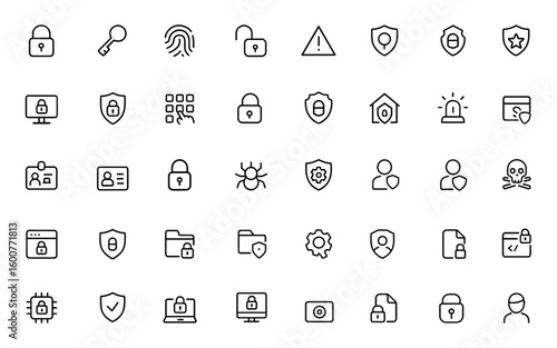 Vector security icon set: privacy glyph pictograms including lock, key, fingerprint, shield, passcode, cybersecurity, protection, access control, black silhouette illustration and more.