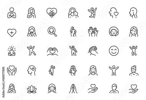 Body Positivity and Self-Love icon set. Vector line illustrations of mental well-being, inclusivity, self-acceptance, curvy silhouette, diversity, curly hair, freckled face, pictograms, and more.