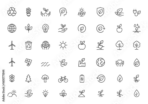 Sustainability icon set with eco-friendly vector pictograms, thin linear illustration of renewable energy, clean environment, agriculture, forest, climate, and save concept, line art, design, symbol