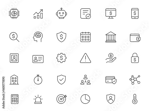 Finance AI icon set: thin linear vector illustration of fintech analytics, prediction, chatbot, checklist, transaction monitor, mobile app, chart pictograms, digital banking symbols and more.