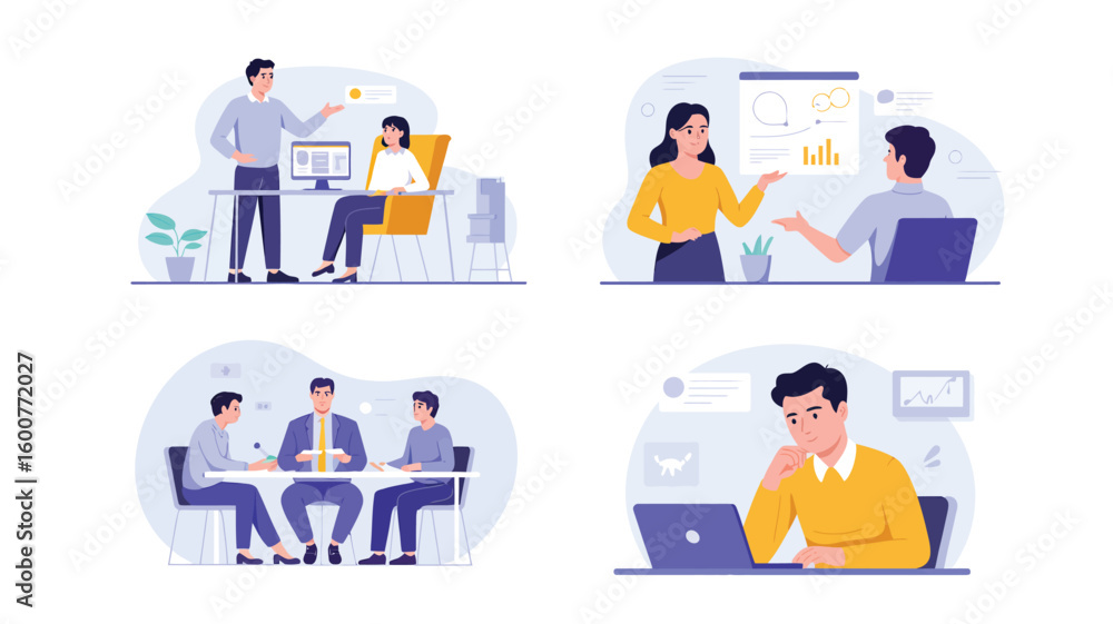 Office Collaboration Scenes — Set of Four Business Team Illustrations Depicting Meetings, Presentations, and Individual Productivity Office Collaboration Scenes — Set of Four Business Team Illustrations Depicting Meetings, Presentations, and Individual Productivity