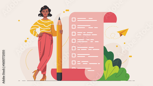 Task Planning Illustration — Person Holding Giant Pencil Beside Checklist Scroll with Flying Paper Plane Symbolizing Goal Setting and Productivity