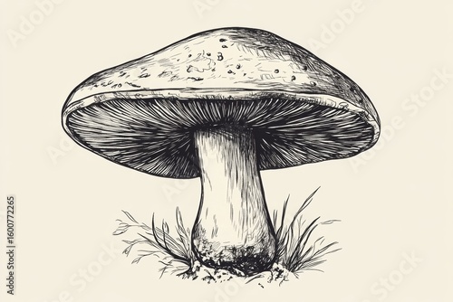 This detailed illustration captures the elegant structure of a mushroom, showcasing its cap and stem amidst grass. Perfect for nature-themed projects.
