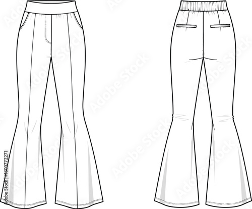 Women’s flared trousers fashion flat sketch, front and back view, stylish pants technical vector illustration for apparel design 